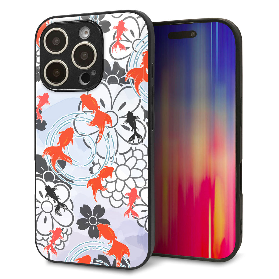 iPhone16 Pro 強化ガラス＆TPUスマホケース ガラプリ【HA216 金魚 花柄 グレー】