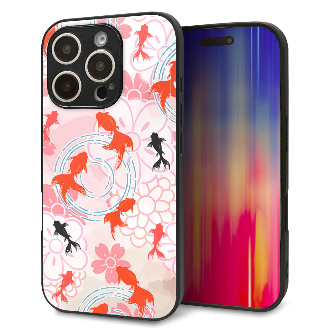 iPhone16 Pro 強化ガラス＆TPUスマホケース ガラプリ【HA217 金魚 花柄 ピンク】