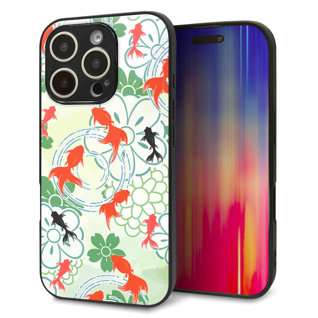 iPhone16 Pro 強化ガラス＆TPUスマホケース ガラプリ【HA218 金魚 花柄 グリーン】