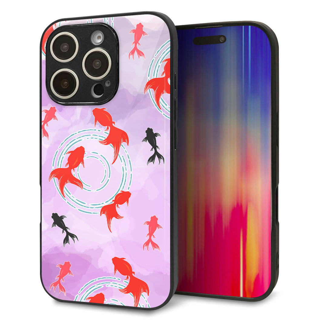 iPhone16 Pro 強化ガラス＆TPUスマホケース ガラプリ【HA225 金魚 水彩 パープル】