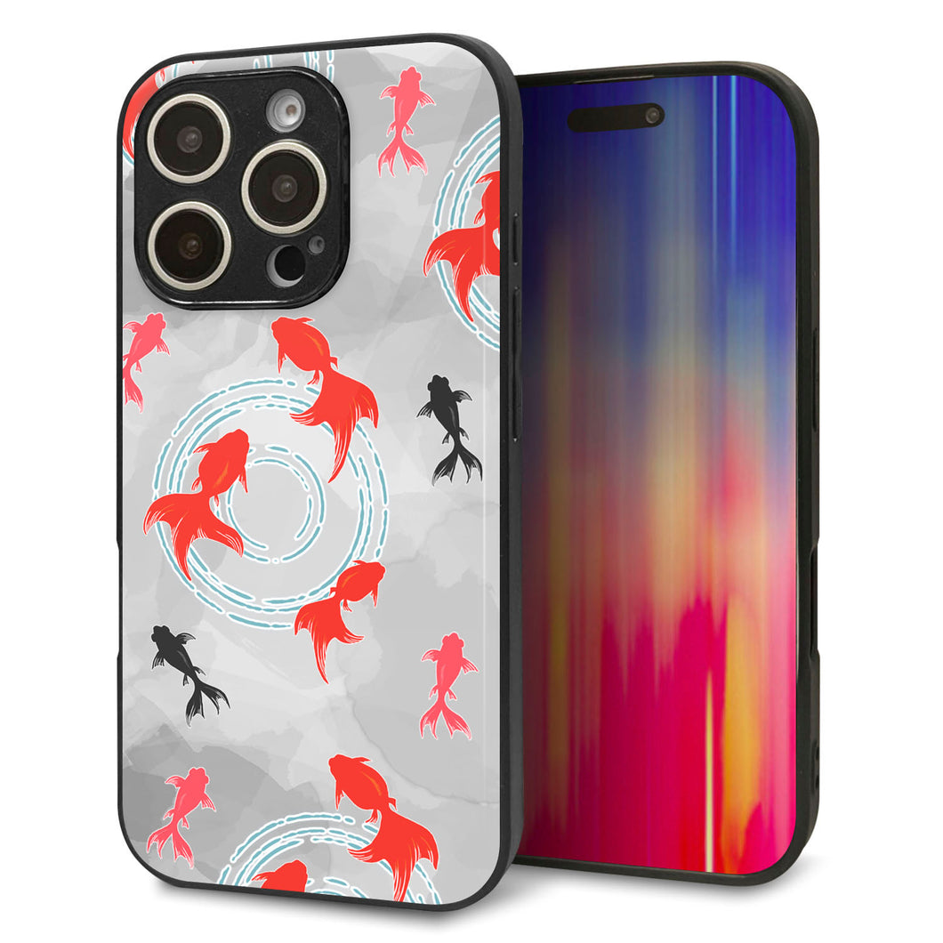 iPhone16 Pro 強化ガラス＆TPUスマホケース ガラプリ【HA227 金魚 水彩 グレー】