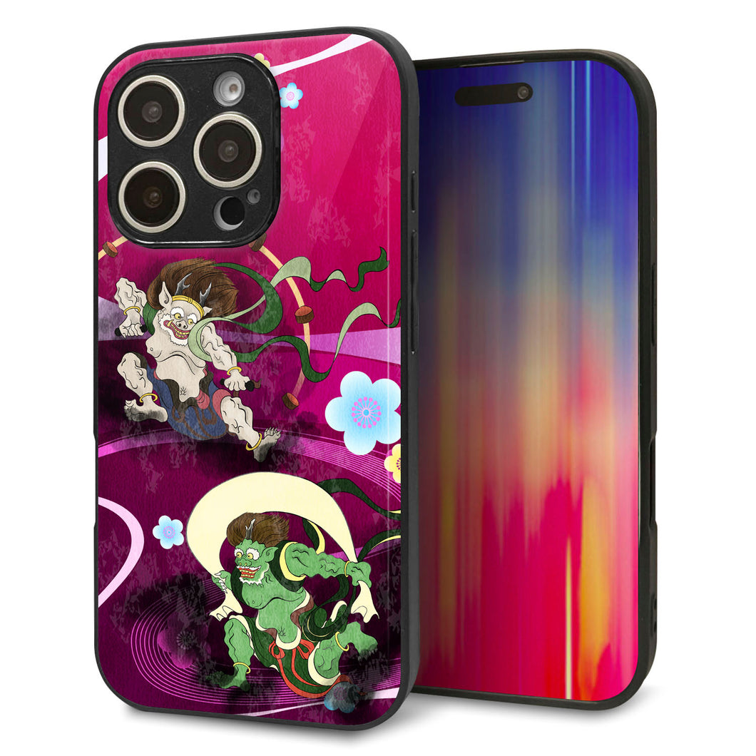 iPhone16 Pro 強化ガラス＆TPUスマホケース ガラプリ【HA237 風神雷神 紫の川】