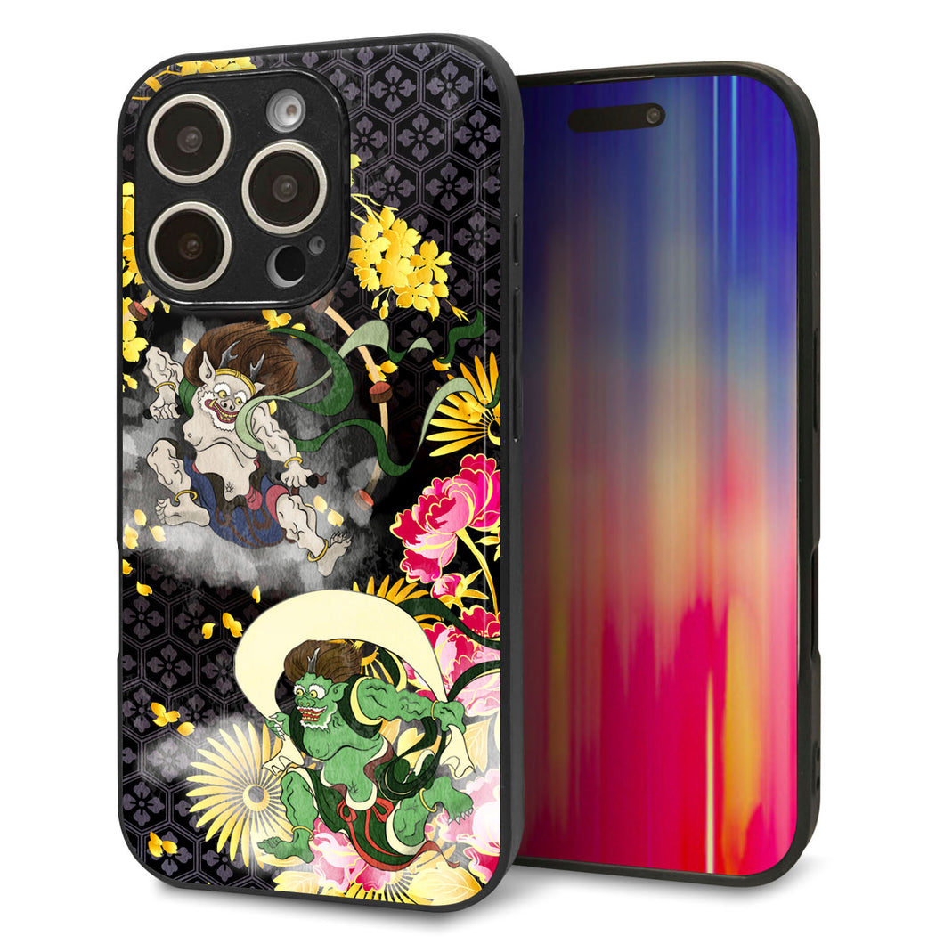 iPhone16 Pro 強化ガラス＆TPUスマホケース ガラプリ【HA239 風神雷神 牡丹】