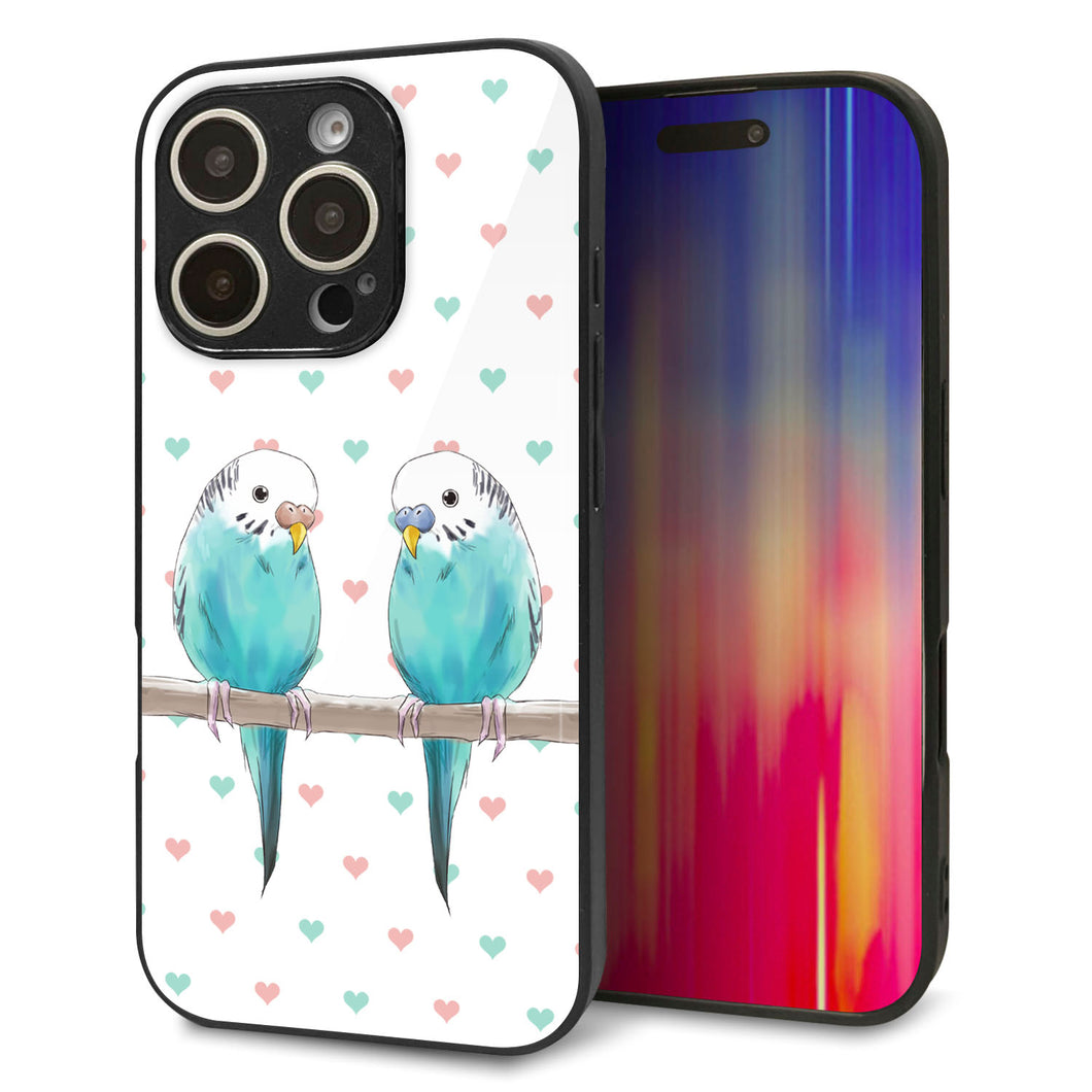 iPhone16 Pro 強化ガラス＆TPUスマホケース ガラプリ【HA272 インコブルー ハート】