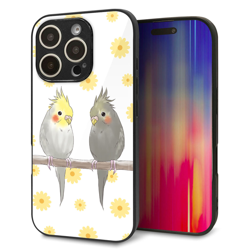 iPhone16 Pro 強化ガラス＆TPUスマホケース ガラプリ【HA274 オカメインコ 花】