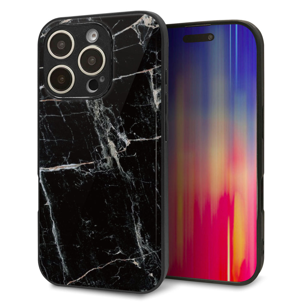 iPhone16 Pro 強化ガラス＆TPUスマホケース ガラプリ【KM867 大理石BK】