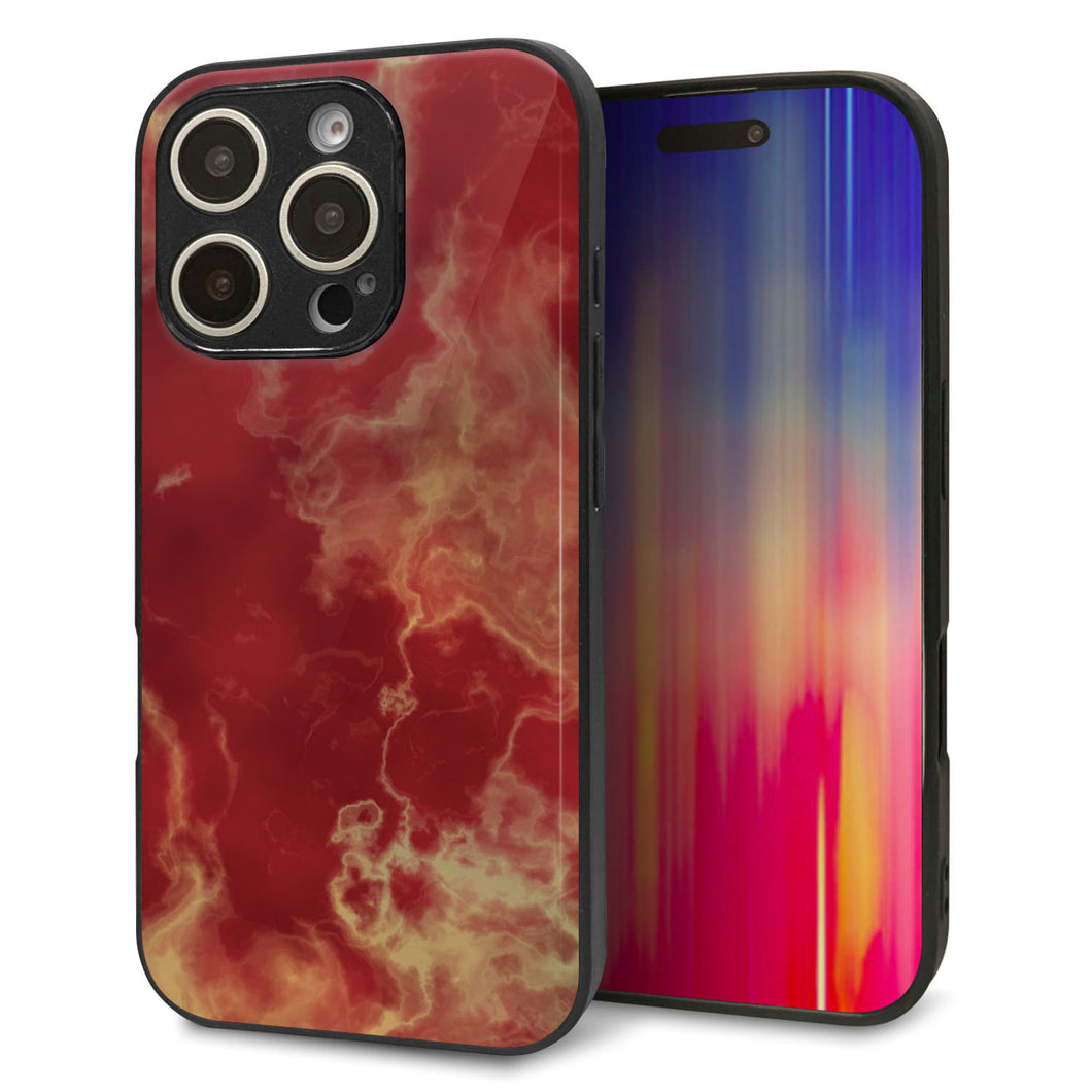 iPhone16 Pro 強化ガラス＆TPUスマホケース ガラプリ【KM870 大理石RD】