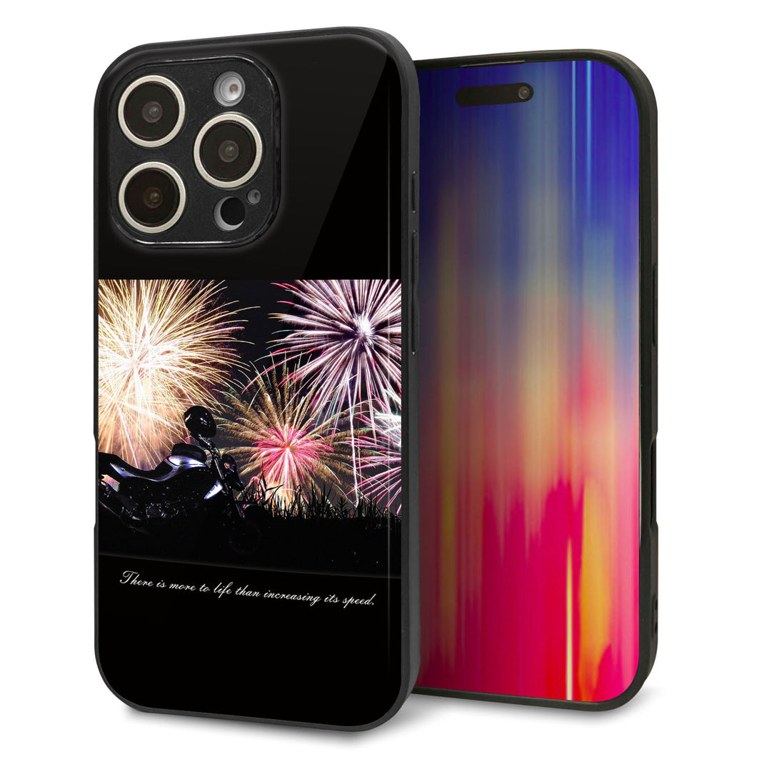iPhone16 Pro 強化ガラス＆TPUスマホケース ガラプリ【KM878 バイクと花火】
