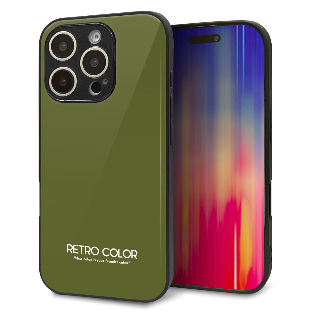 iPhone16 Pro 強化ガラス＆TPUスマホケース ガラプリ【KM916 レトロカラー(カーキ)】