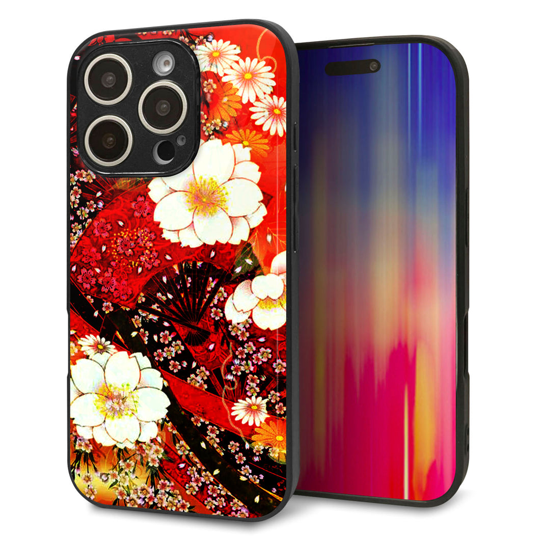 iPhone16 Pro 強化ガラス＆TPUスマホケース ガラプリ【MA960 和柄 花 B】