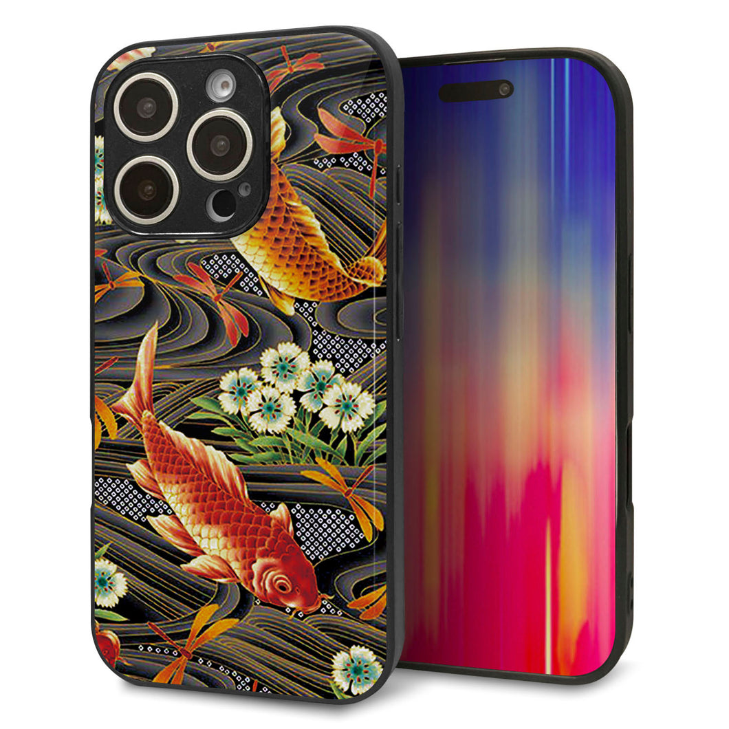 iPhone16 Pro 強化ガラス＆TPUスマホケース ガラプリ【MA963 着物柄 鶴鯉 A】