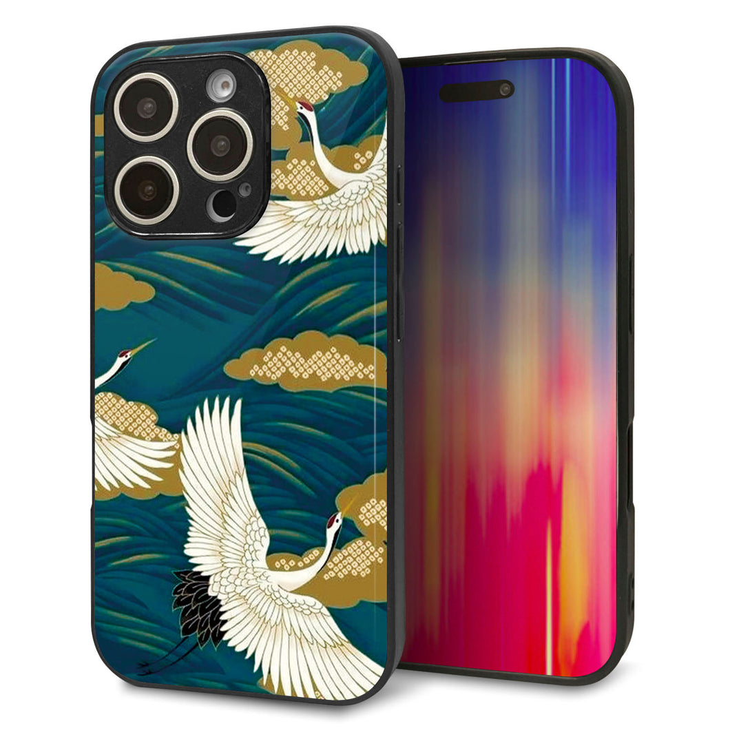 iPhone16 Pro 強化ガラス＆TPUスマホケース ガラプリ【MA964 着物柄 鶴鯉 B】
