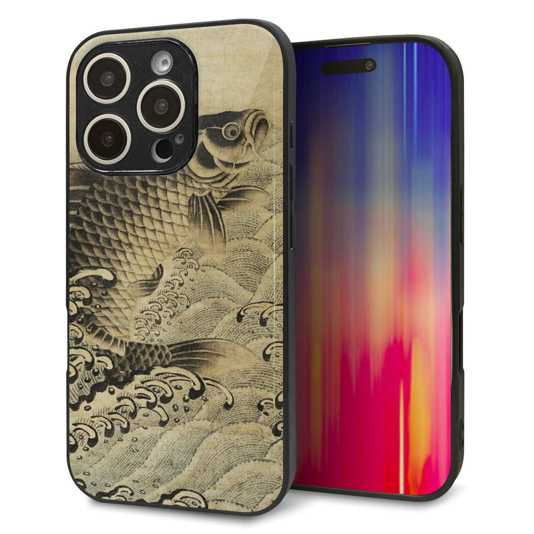 iPhone16 Pro 強化ガラス＆TPUスマホケース ガラプリ【MA970 和柄 鶴鯉 B】