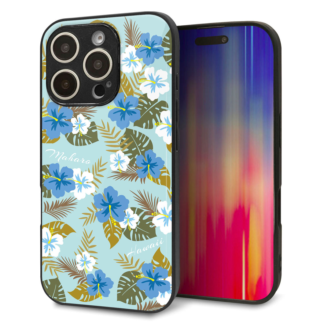 iPhone16 Pro 強化ガラス＆TPUスマホケース ガラプリ【SC883 ハワイアンアロハレトロ（ブルー）】