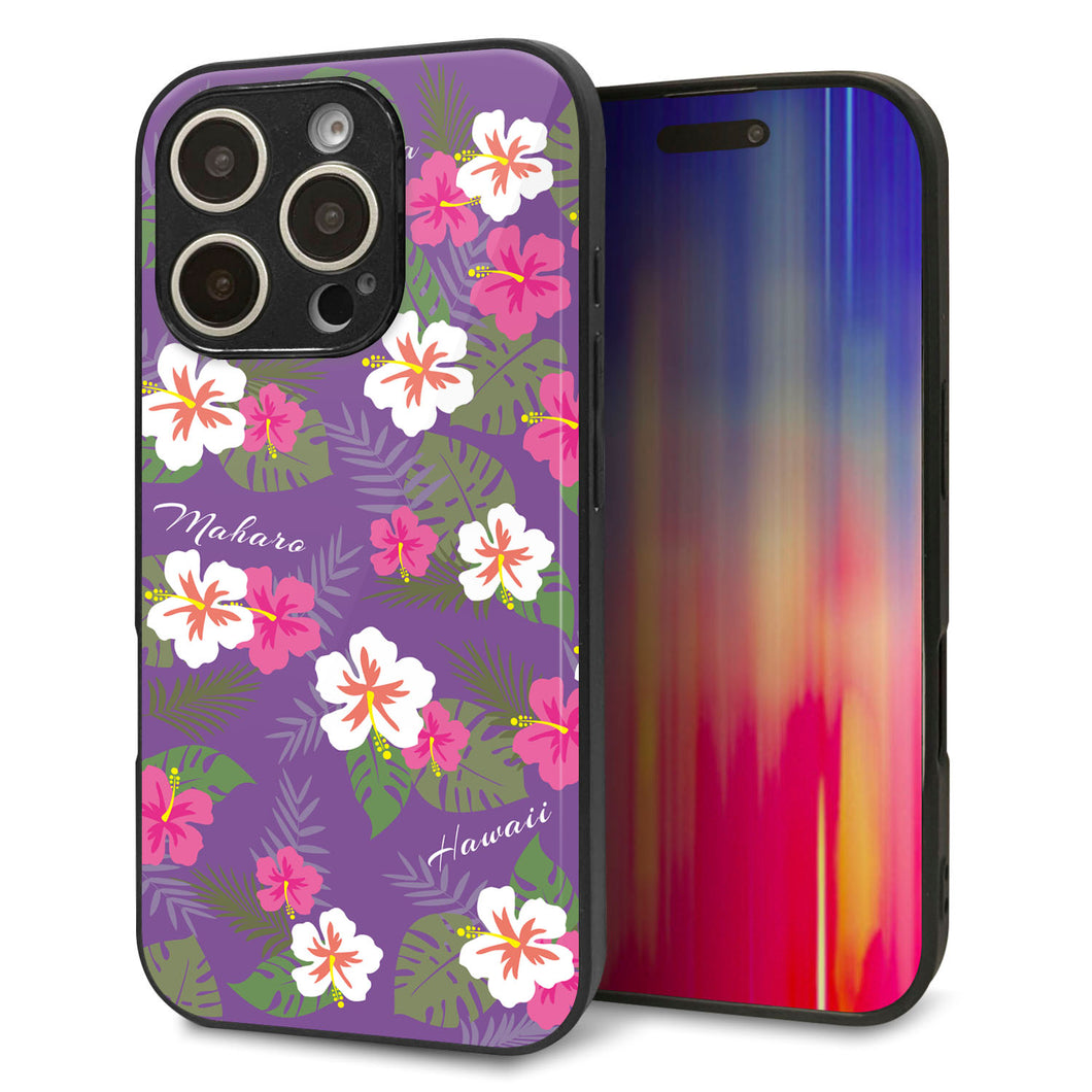 iPhone16 Pro 強化ガラス＆TPUスマホケース ガラプリ【SC886 ハワイアンアロハレトロ（パープル）】