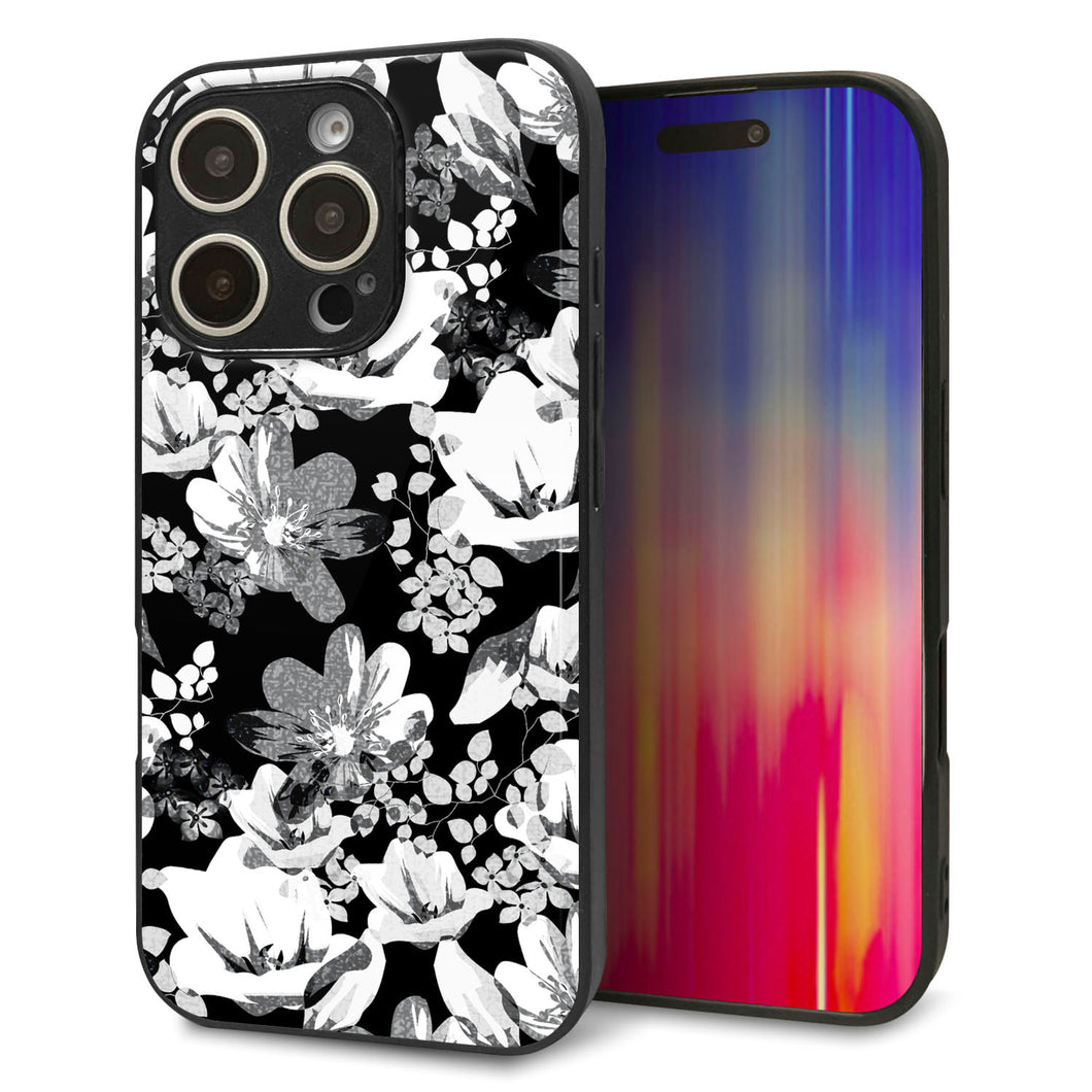 iPhone16 Pro 強化ガラス＆TPUスマホケース ガラプリ【SC913 花柄モノトーン 02】