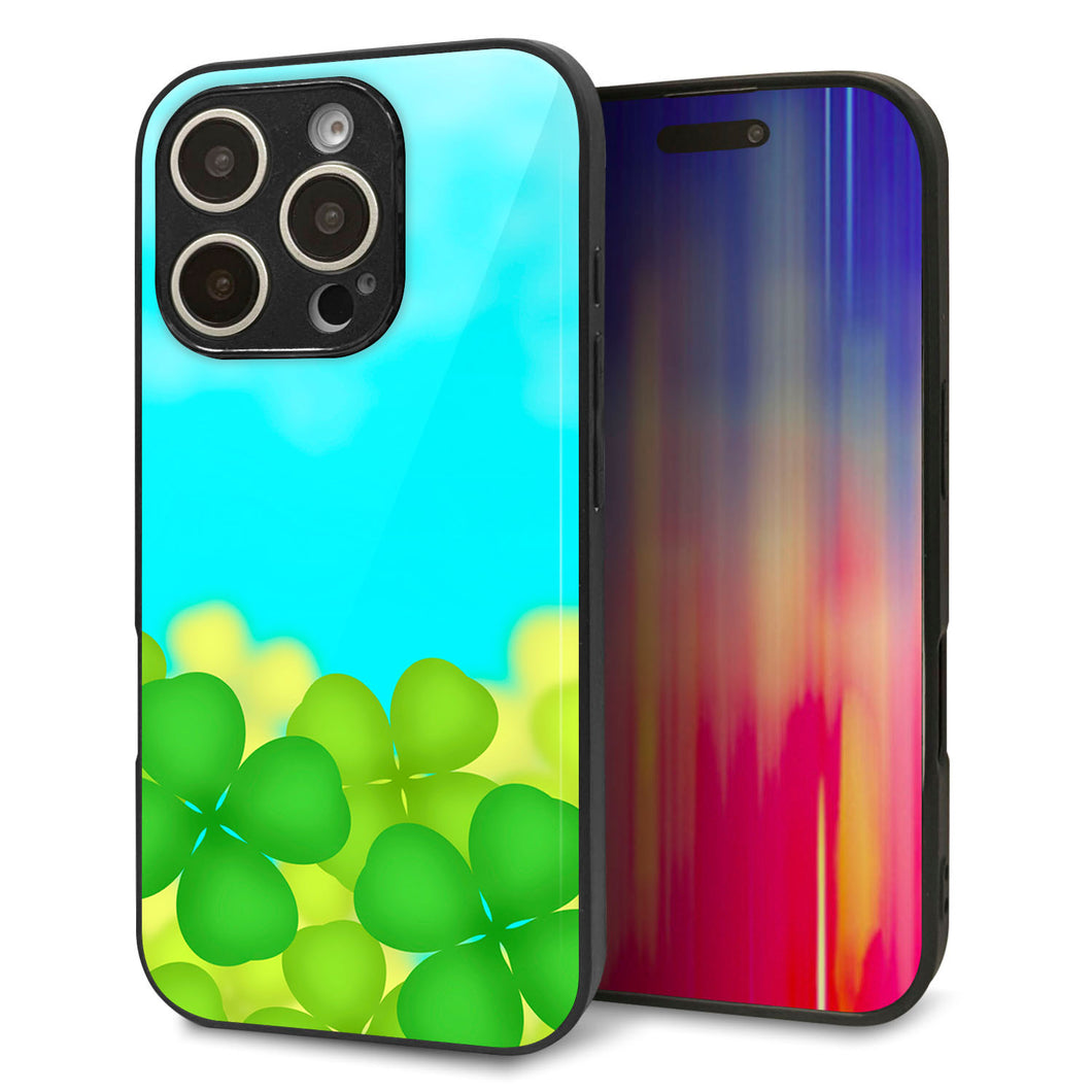 iPhone16 Pro 強化ガラス＆TPUスマホケース ガラプリ【VA820 四葉のクローバー畑】
