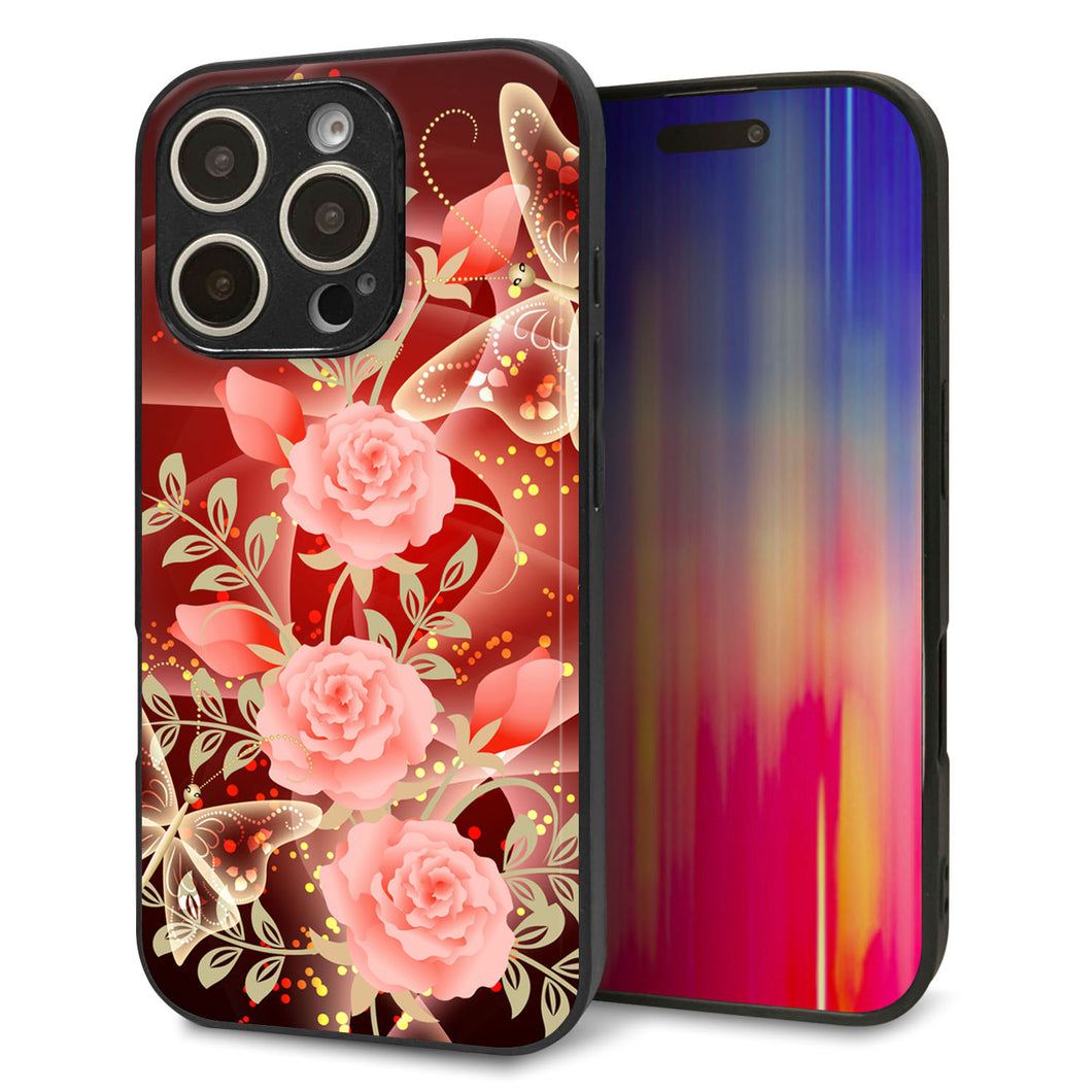 iPhone16 Pro 強化ガラス＆TPUスマホケース ガラプリ【VA824 魅惑の蝶とピンクのバラ】