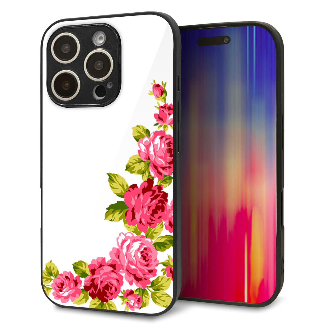 iPhone16 Pro 強化ガラス＆TPUスマホケース ガラプリ【VA825 バラのフレーム(白)】