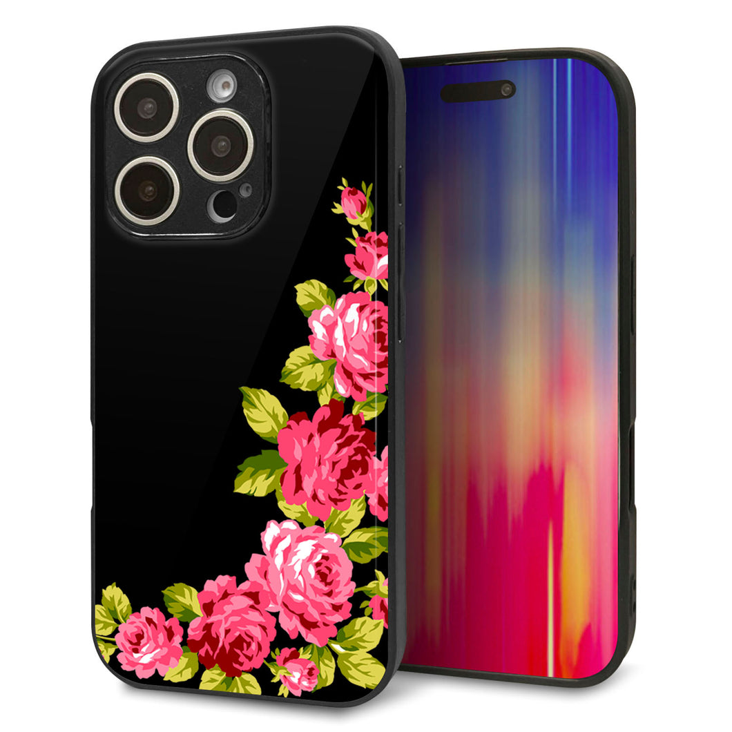 iPhone16 Pro 強化ガラス＆TPUスマホケース ガラプリ【VA826 バラのフレーム(黒)】