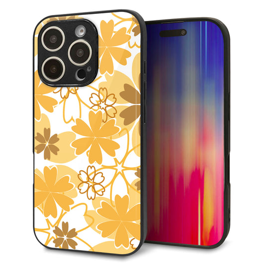iPhone16 Pro 強化ガラス＆TPUスマホケース ガラプリ【VA959 重なり合う花 オレンジ】