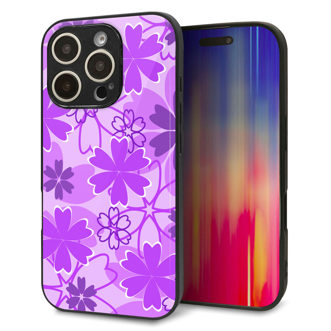 iPhone16 Pro 強化ガラス＆TPUスマホケース ガラプリ【VA960 重なり合う花 パープル】