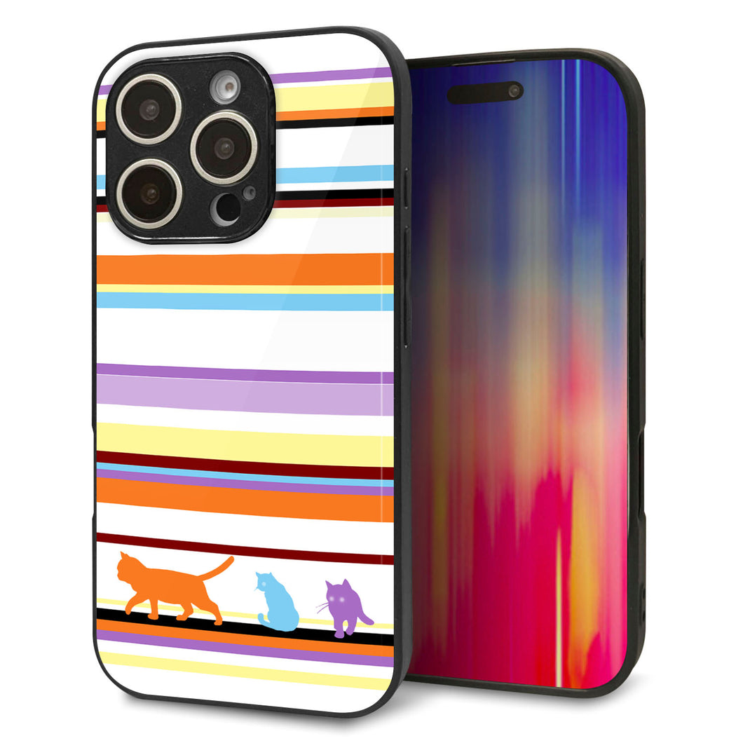 iPhone16 Pro 強化ガラス＆TPUスマホケース ガラプリ【YA887 ストライプネコ01】