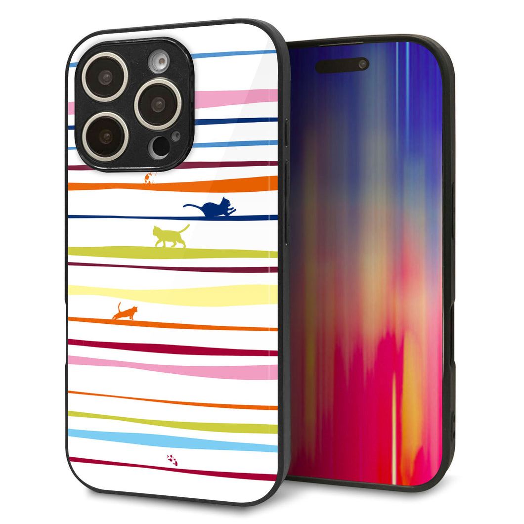 iPhone16 Pro 強化ガラス＆TPUスマホケース ガラプリ【YA893 ストライプネコ02 L】