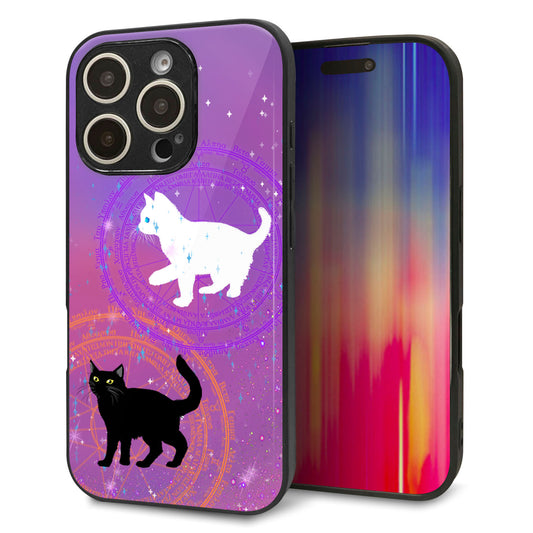 iPhone16 Pro 強化ガラス＆TPUスマホケース ガラプリ【YJ328 魔法陣猫 キラキラ かわいい ピンク】