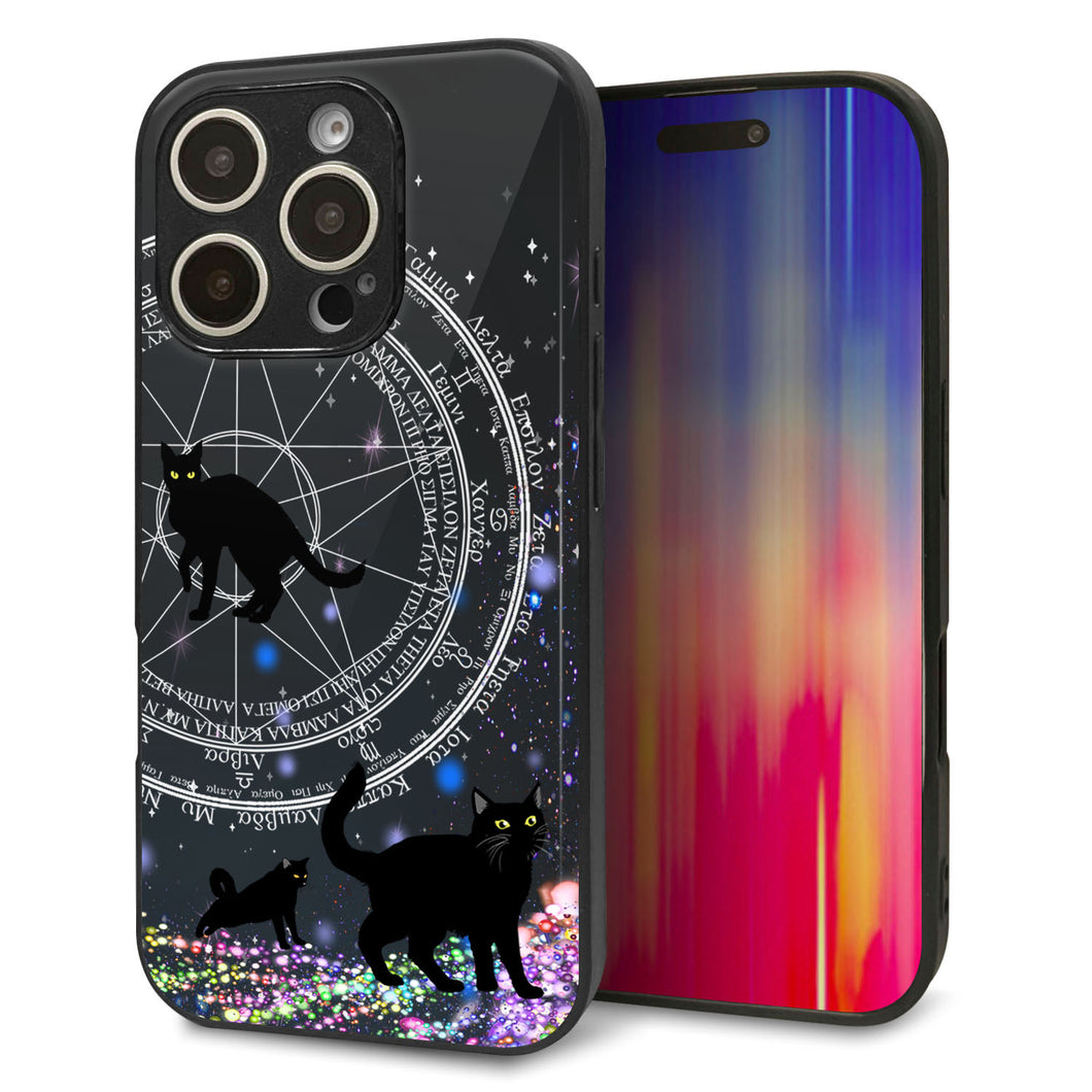 iPhone16 Pro 強化ガラス＆TPUスマホケース ガラプリ【YJ330 魔法陣猫 キラキラ 黒猫】