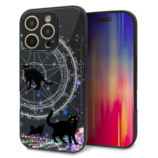 iPhone16 Pro 強化ガラス＆TPUスマホケース ガラプリ【YJ330 魔法陣猫 キラキラ 黒猫】