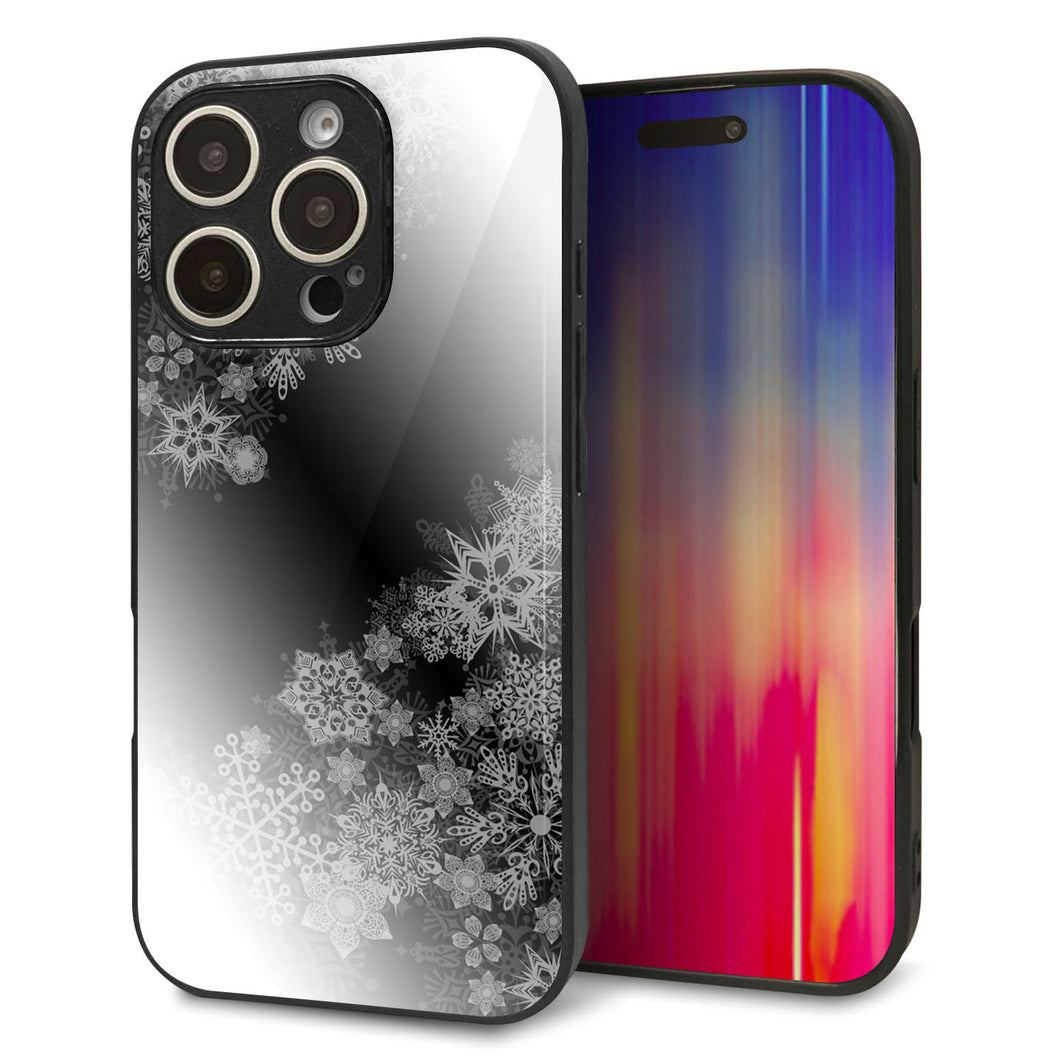iPhone16 Pro 強化ガラス＆TPUスマホケース ガラプリ【YJ340 モノトーン 雪の結晶 】