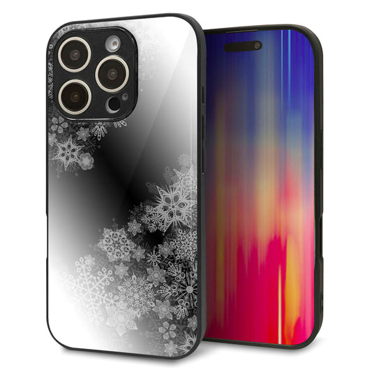iPhone16 Pro 強化ガラス＆TPUスマホケース ガラプリ【YJ340 モノトーン 雪の結晶 】