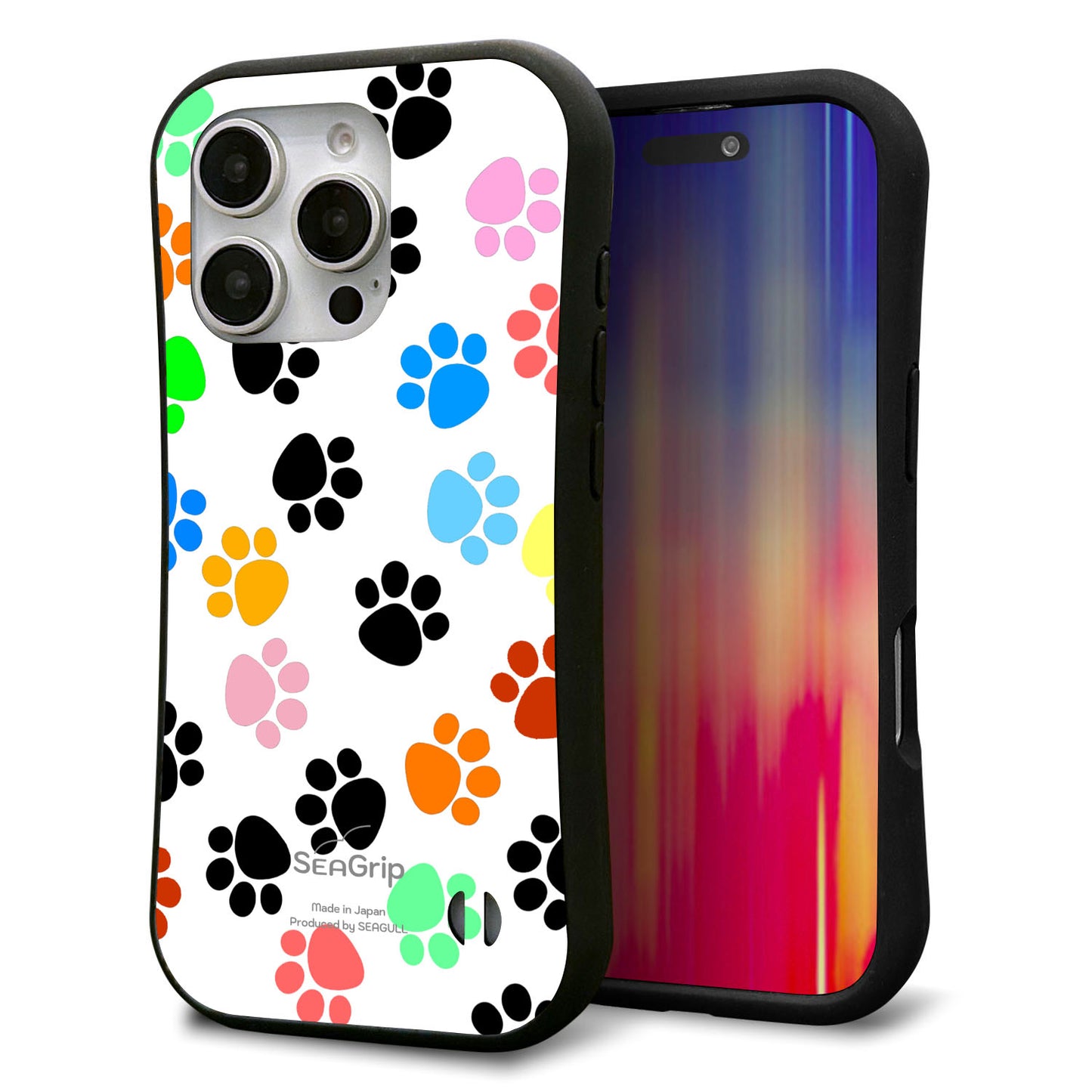 iPhone16 Pro スマホケース 「SEA Grip」 グリップケース Sライン 【1108 あしあとカラフル】 UV印刷