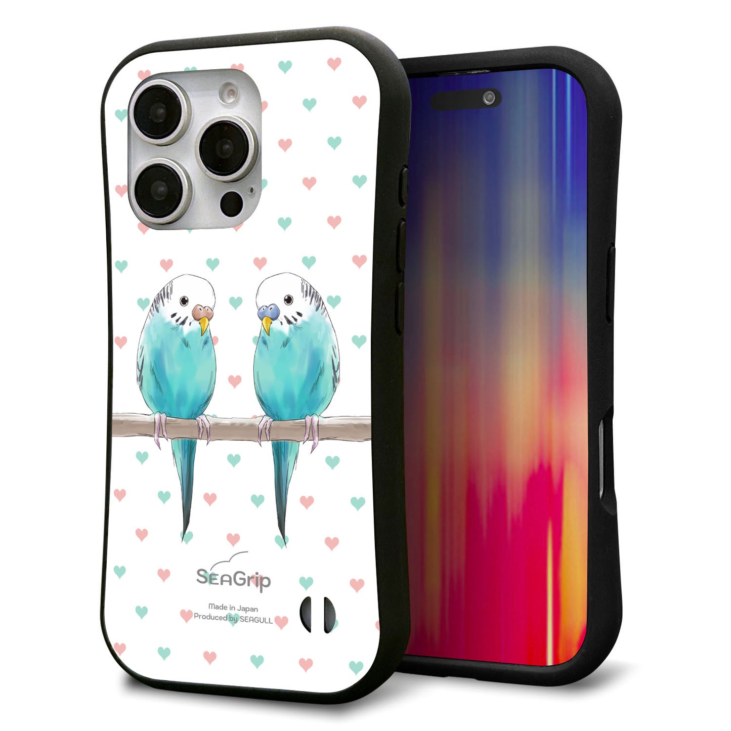 iPhone16 Pro スマホケース 「SEA Grip」 グリップケース Sライン 【HA272 インコブルー ハート】 UV印刷