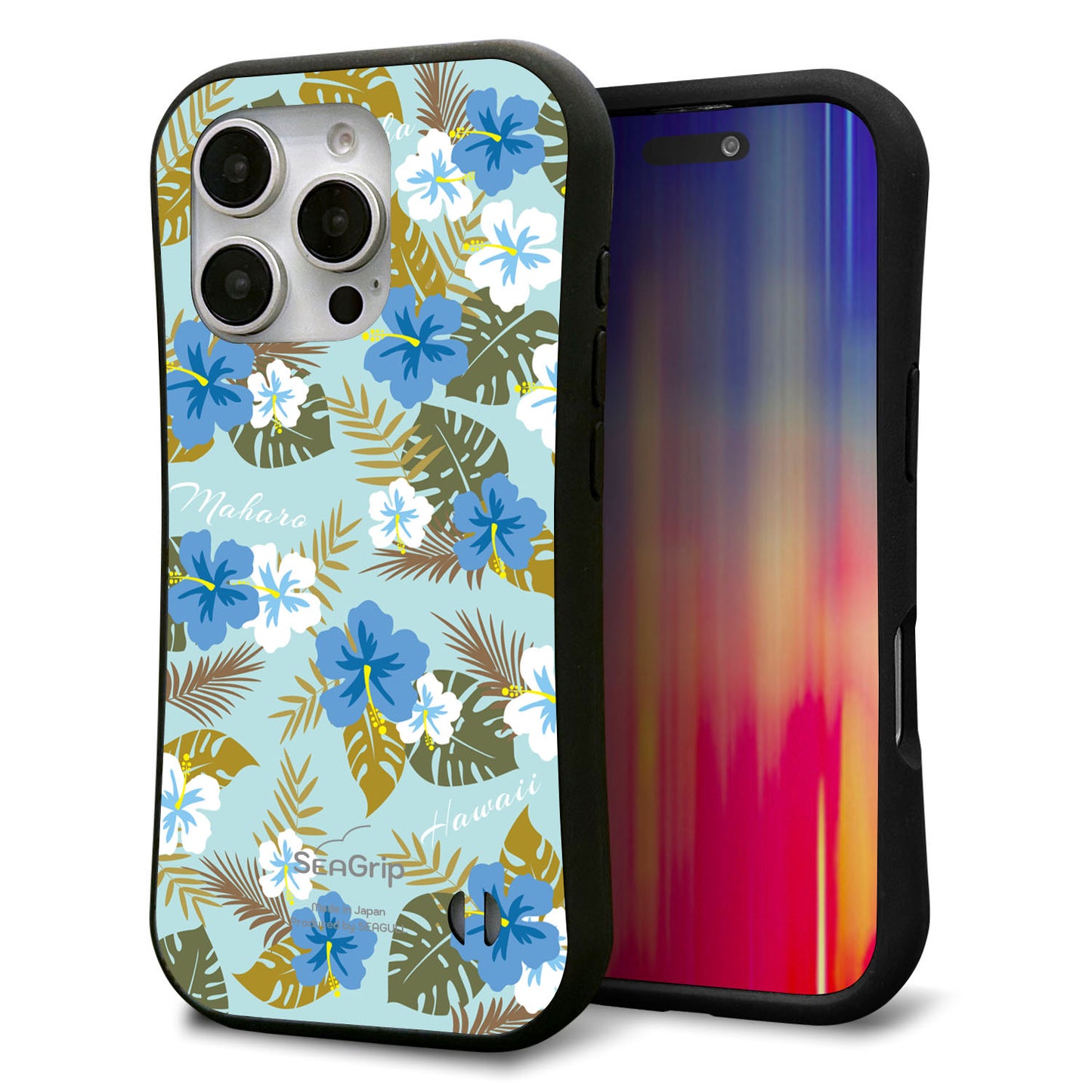 iPhone16 Pro スマホケース 「SEA Grip」 グリップケース Sライン 【SC883 ハワイアンアロハレトロ（ブルー）】 UV印刷