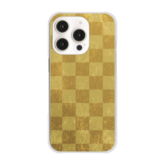 iPhone16 Pro 高画質仕上げ 背面印刷 ハードケース 【619 市松模様-金（骨董風に傷んだイメージ）】