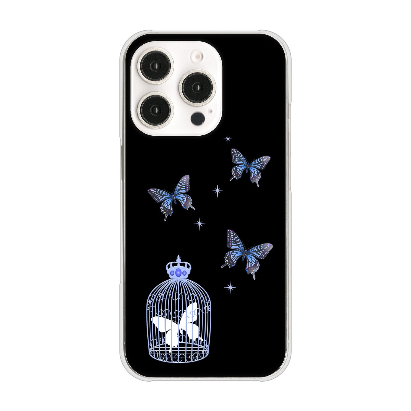iPhone16 Pro 高画質仕上げ 背面印刷 ハードケースむかいあぐる 蝶の王冠鳥かご