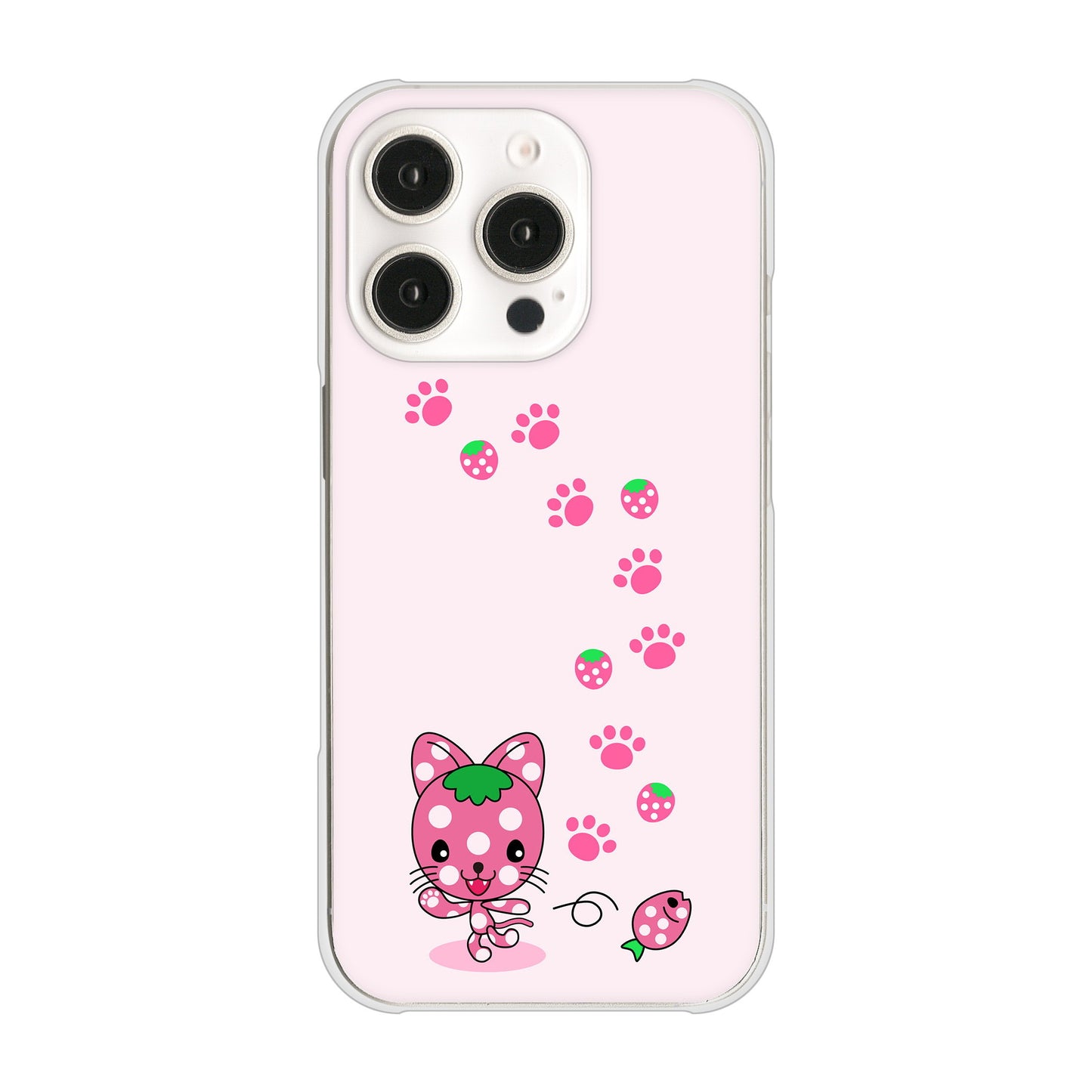 iPhone16 Pro 高画質仕上げ 背面印刷 ハードケースむかいあぐる イチゴ猫のにゃんベリー