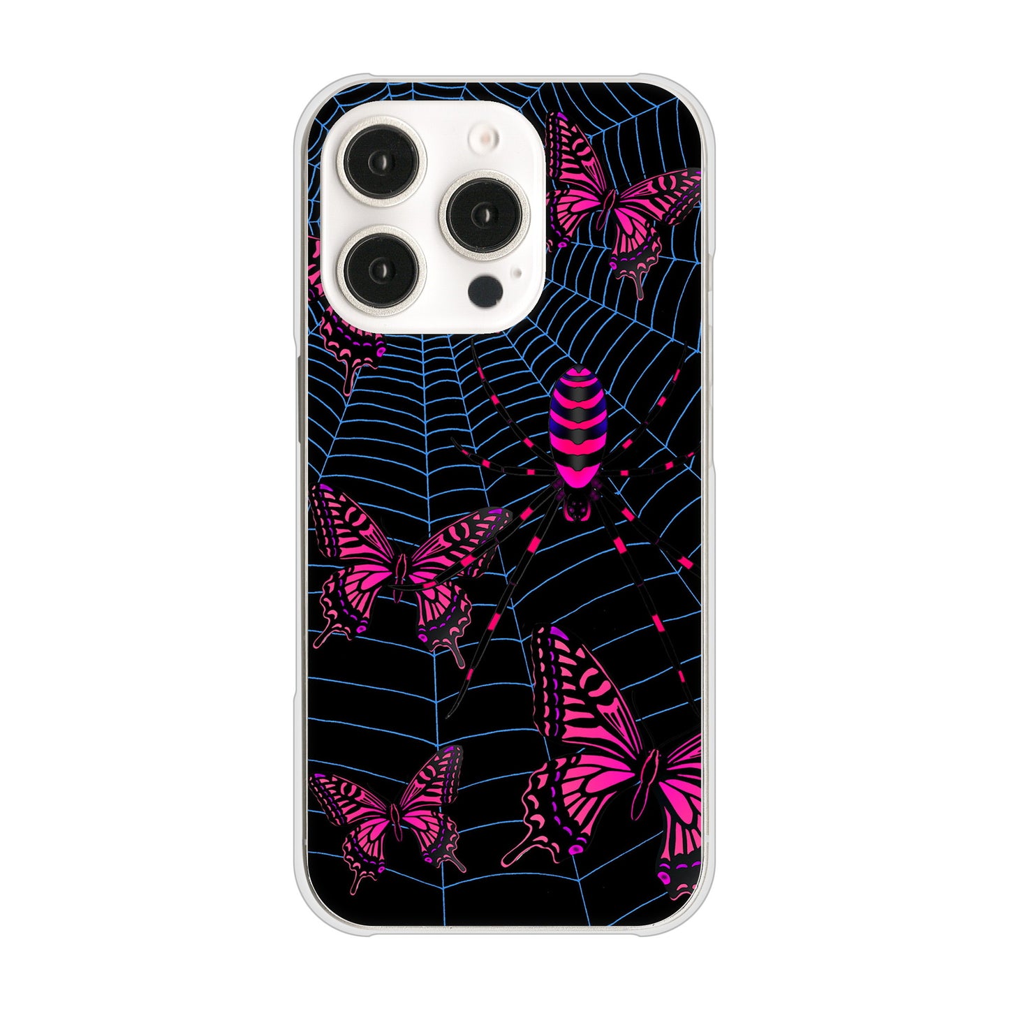 iPhone16 Pro 高画質仕上げ 背面印刷 ハードケースむかいあぐる 蜘蛛の巣に舞う蝶