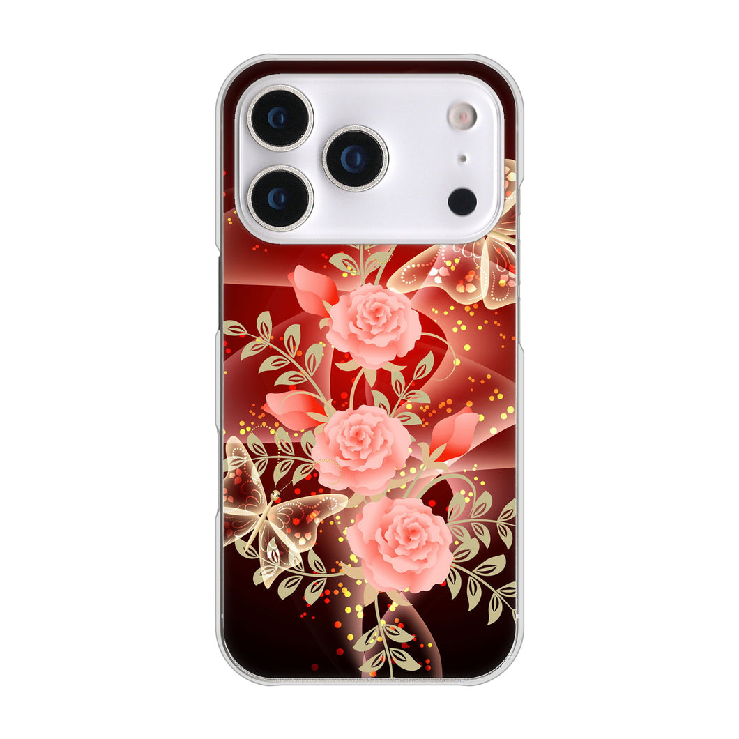 iPhone17 Pro 高画質仕上げ 背面印刷 ハードケース 【VA824 魅惑の蝶とピンクのバラ】