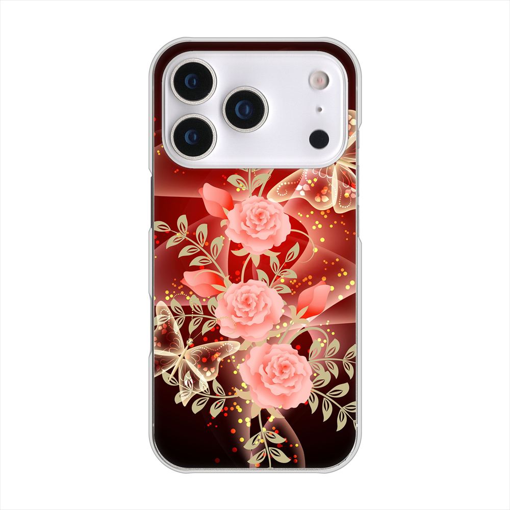 iPhone18 Pro 高画質仕上げ 背面印刷 ハードケース 【VA824 魅惑の蝶とピンクのバラ】