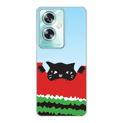 OPPO A79 5G 高画質仕上げ 背面印刷 ハードケースすいかをかじるネコ