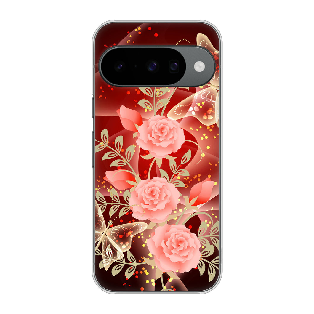 Google Pixel 10 Pro 高画質仕上げ 背面印刷 ハードケース 【VA824 魅惑の蝶とピンクのバラ】