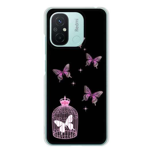 Xiaomi Redmi 12C 高画質仕上げ 背面印刷 ハードケースむかいあぐる 蝶の王冠鳥かご