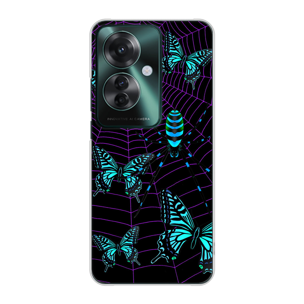 OPPO Reno11 A 高画質仕上げ 背面印刷 ハードケースむかいあぐる 蜘蛛の巣に舞う蝶