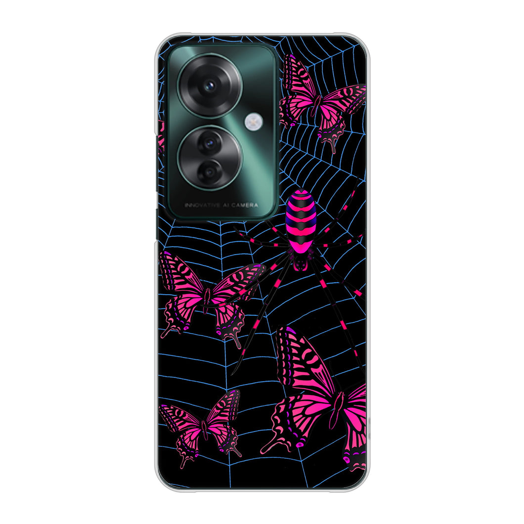 OPPO Reno11 A 高画質仕上げ 背面印刷 ハードケースむかいあぐる 蜘蛛の巣に舞う蝶
