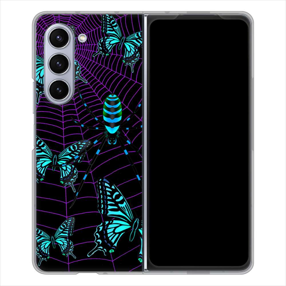 Galaxy Z Fold5 SC-55D docomo 高画質仕上げ 背面印刷 ハードケースむかいあぐる 蜘蛛の巣に舞う蝶