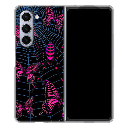 Galaxy Z Fold5 SC-55D docomo 高画質仕上げ 背面印刷 ハードケースむかいあぐる 蜘蛛の巣に舞う蝶
