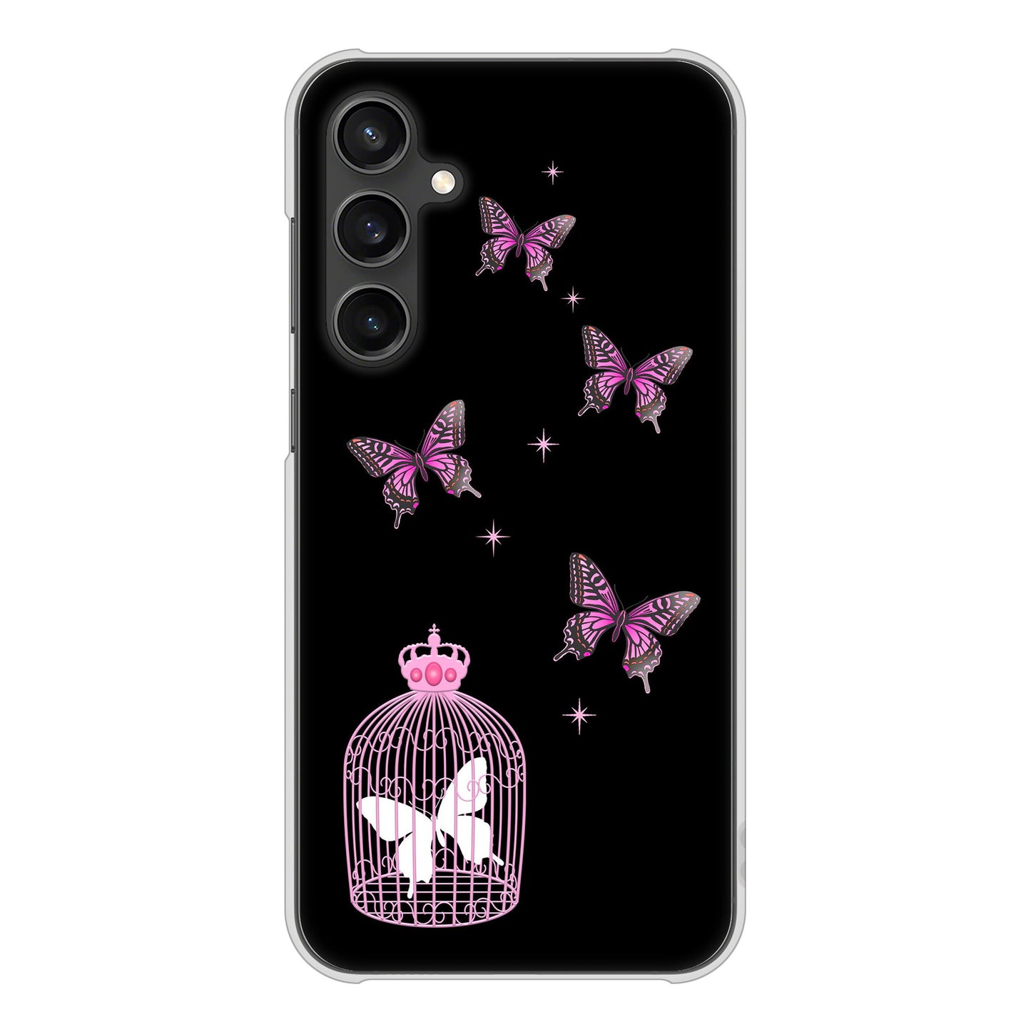 Galaxy S23 FE SCG24 au 高画質仕上げ 背面印刷 ハードケースむかいあぐる 蝶の王冠鳥かご